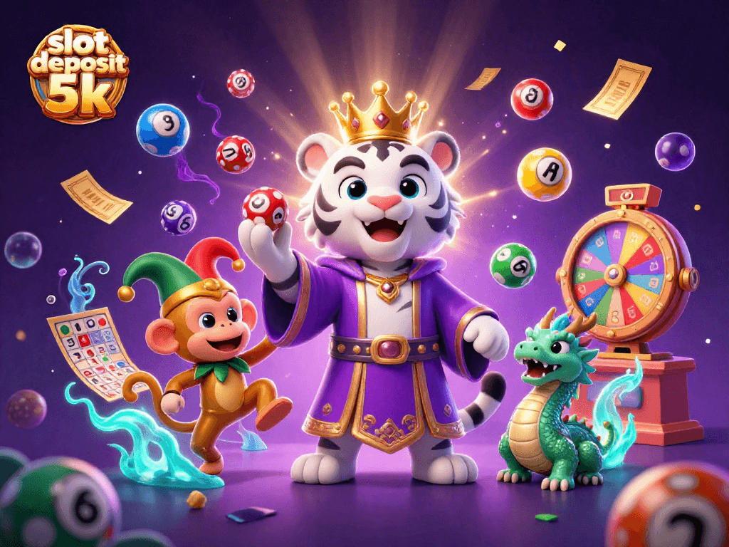 Join the excitement of slot deposit 5k with a vibrant illustration featuring a white tiger, monkey, and jade dragon amidst dynamic casino elements.