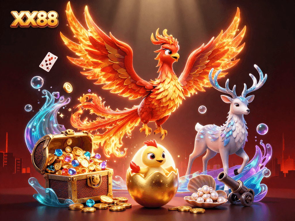 Join the fun at XX88 with a magical phoenix and thrilling casino elements for an exciting experience.
