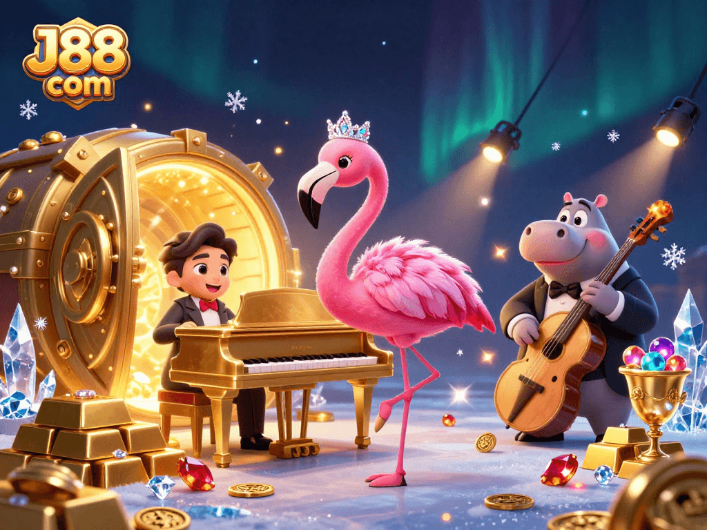 Experience thrilling wins at J88 com with a vibrant casino scene featuring lively characters and dazzling treasures.