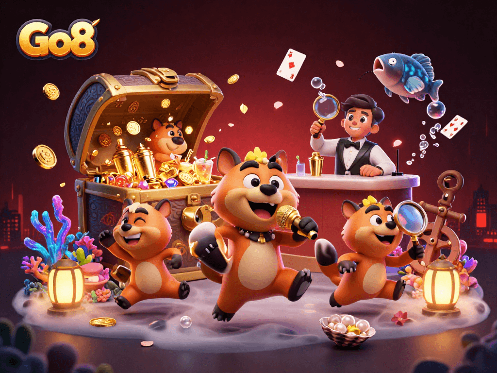 Experience the excitement of Go8 with hyenas in a dynamic casino scene full of action.