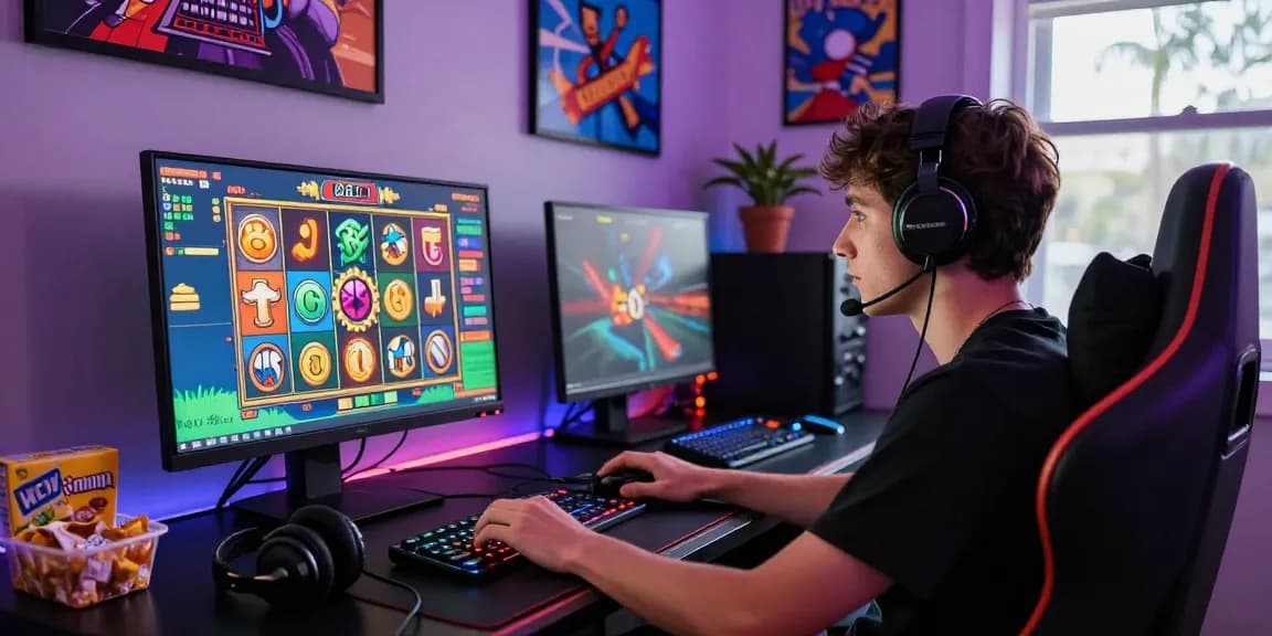 Player engaged in a slot88 online game surrounded by a vibrant gaming setup.