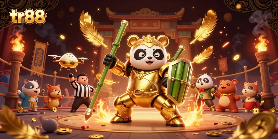 Engage in thrilling gameplay at tr88 with a Golden Panda and dynamic robot battle scene.