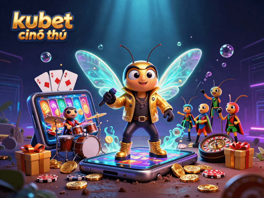 Kubet chính thức showcases thrilling gaming with a rock star cicada, vibrant slots, and casino elements.