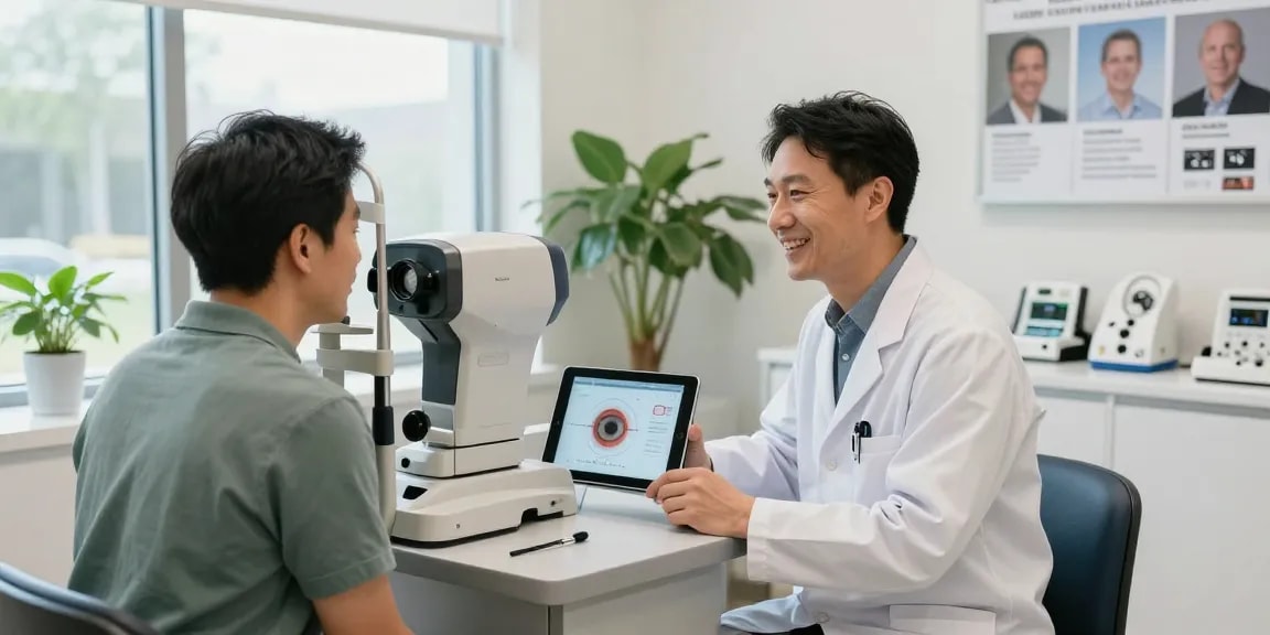 Consultation about lasik in denver at the eye clinic with optometrist and patient.