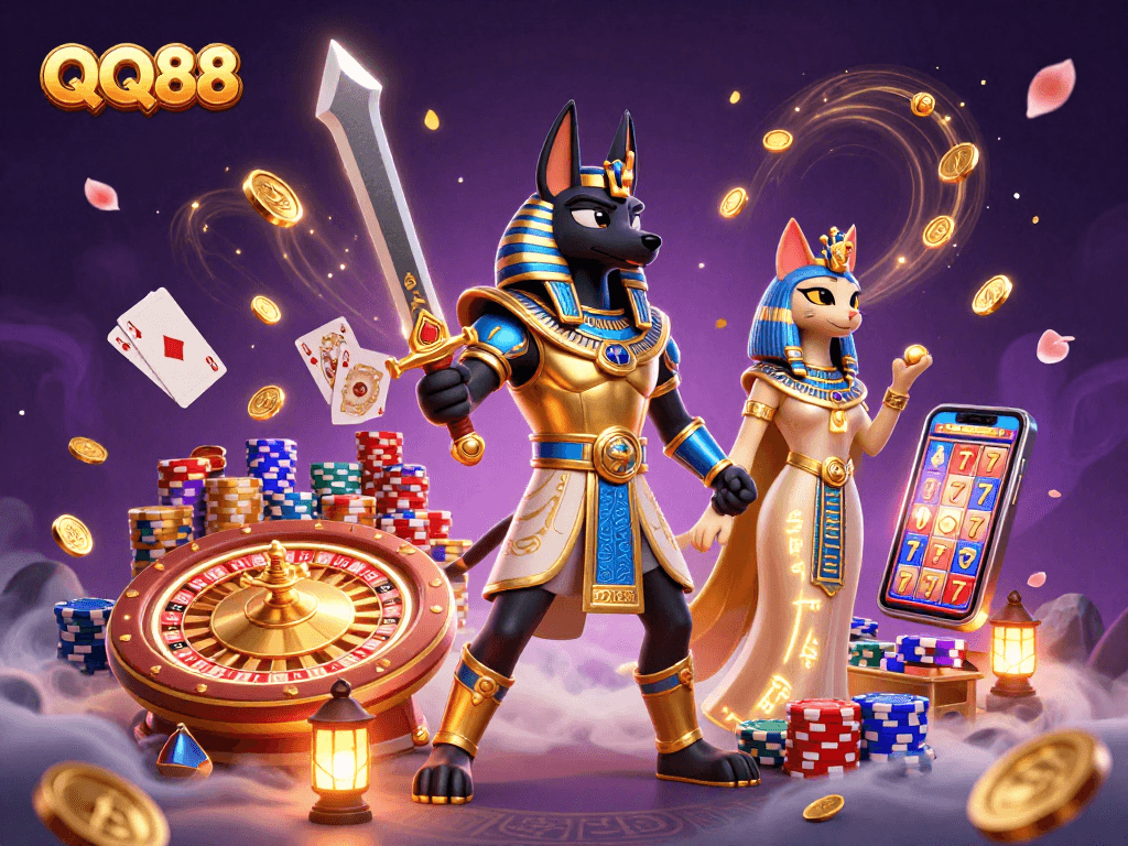Experience thrilling gameplay at QQ88 with ancient Egyptian characters, fierce battles, and casino excitement.