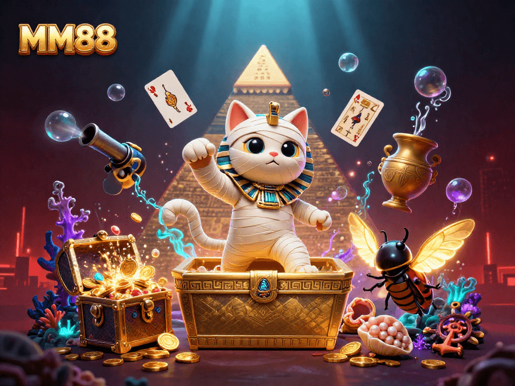 Win big at MM88 with a vibrant 3D illustration of an Egyptian mummy cat and treasures!