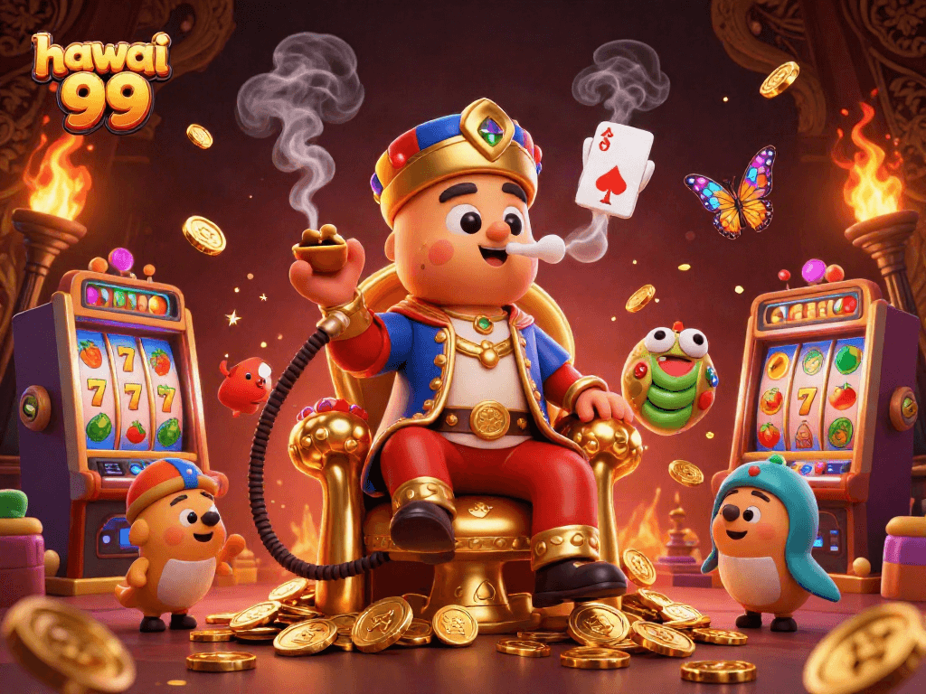 Engage with hawai 99 slot games in a vibrant 3D casino illustration showcasing colorful machines.