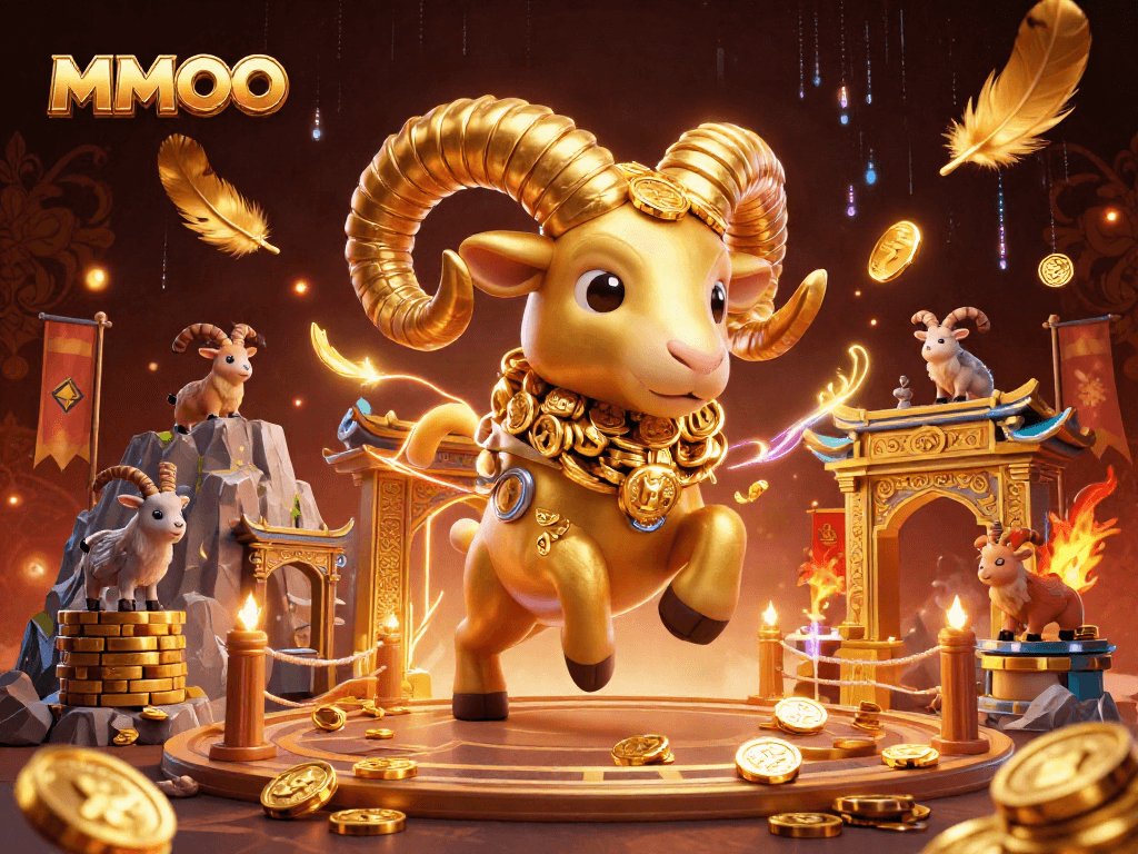 MMOO showcases a vibrant 3D casino illustration of a golden ram charging through gates