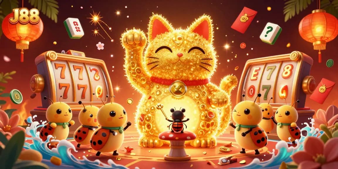 Experience exciting moments with J88's vibrant lucky cat casino illustration.