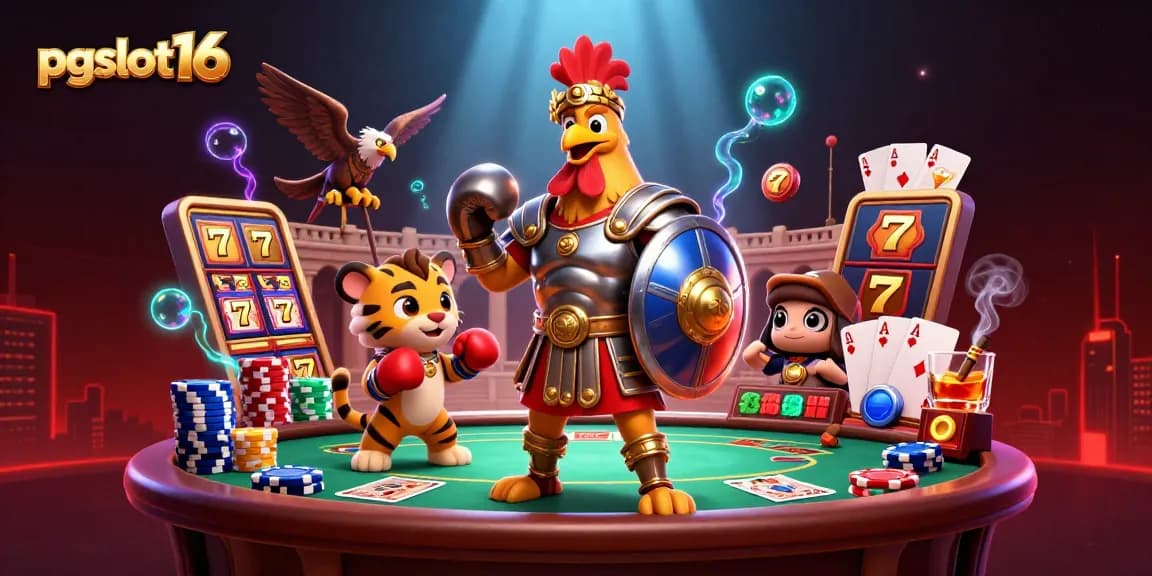 Engage with pgslot16 in an epic casino illustration featuring a gladiator rooster and a tiger sparring.