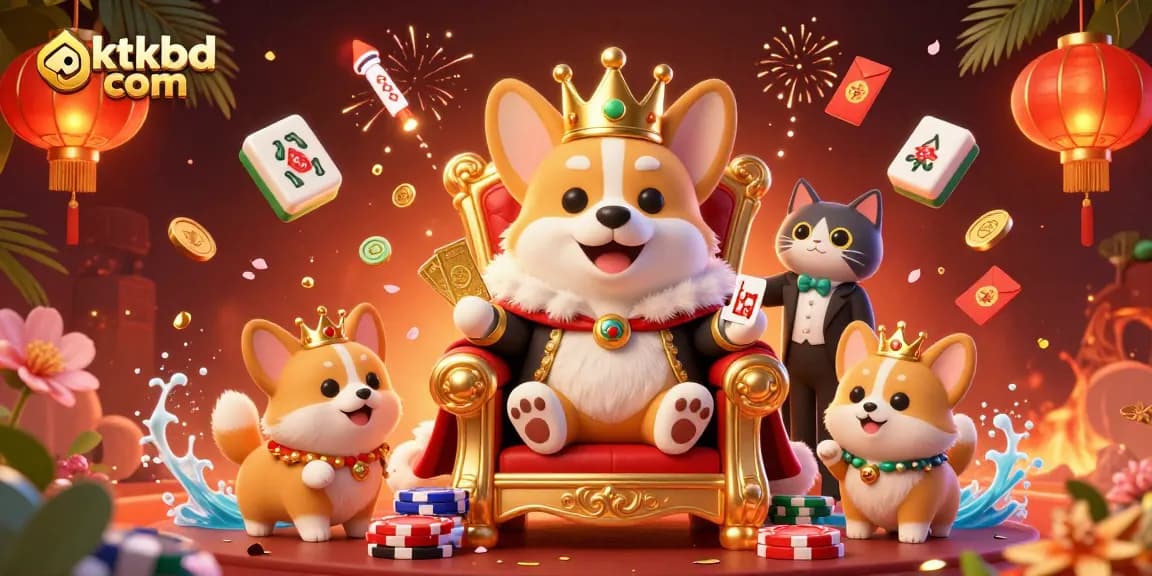 Experience splendid gaming with oktkbd com featuring a royal corgi, poker chips, and festive elements.
