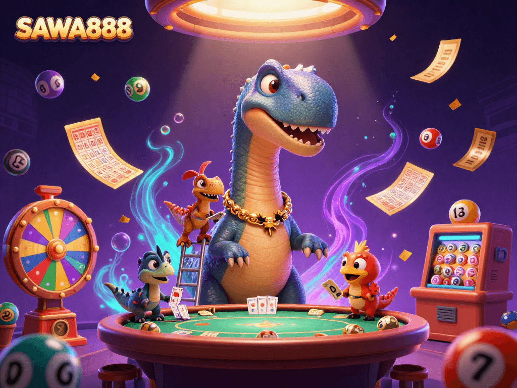 SAWA888 showcases a vibrant 3D casino scene with a brontosaurus overseeing a dynamic poker game.
