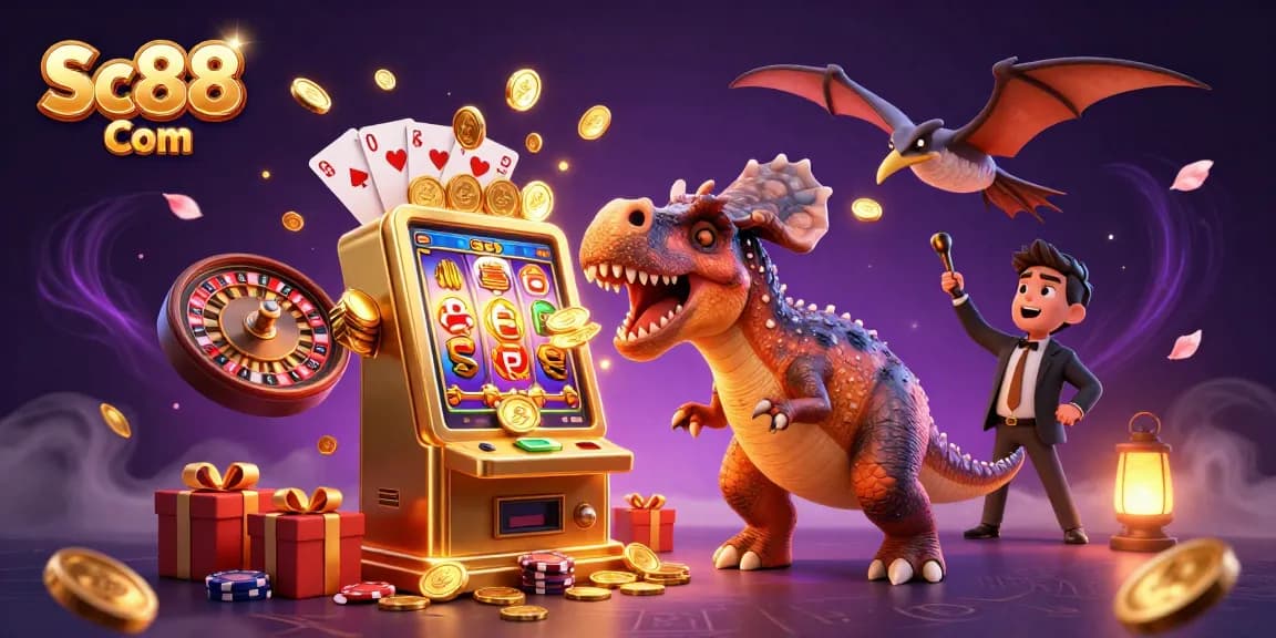 Witness Sc88 Com in action with a unique 3D illustration of dinosaurs engaging with a slot machine, capturing the excitement of gaming.