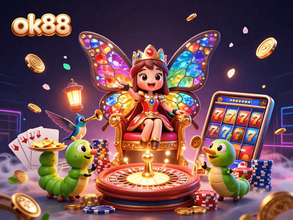 Experience the thrill of ok88 with vibrant casino action, featuring a butterfly queen and golden coins.