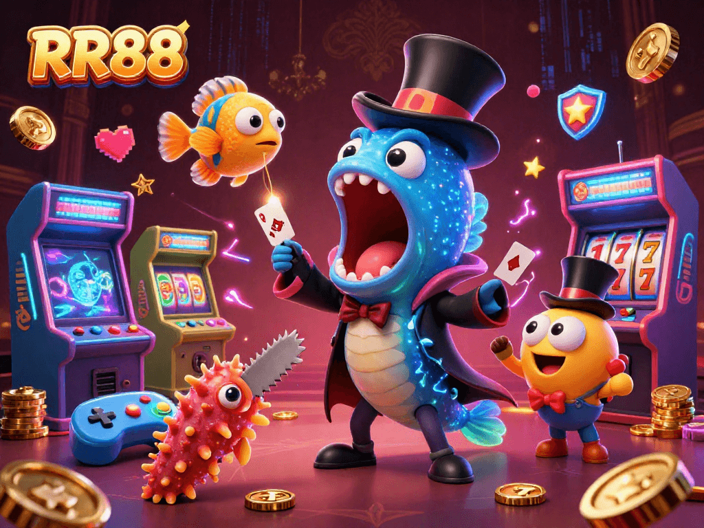 Experience the thrill of RR88 as bioluminescent sea creatures perform in a vibrant casino scene filled with colorful games.