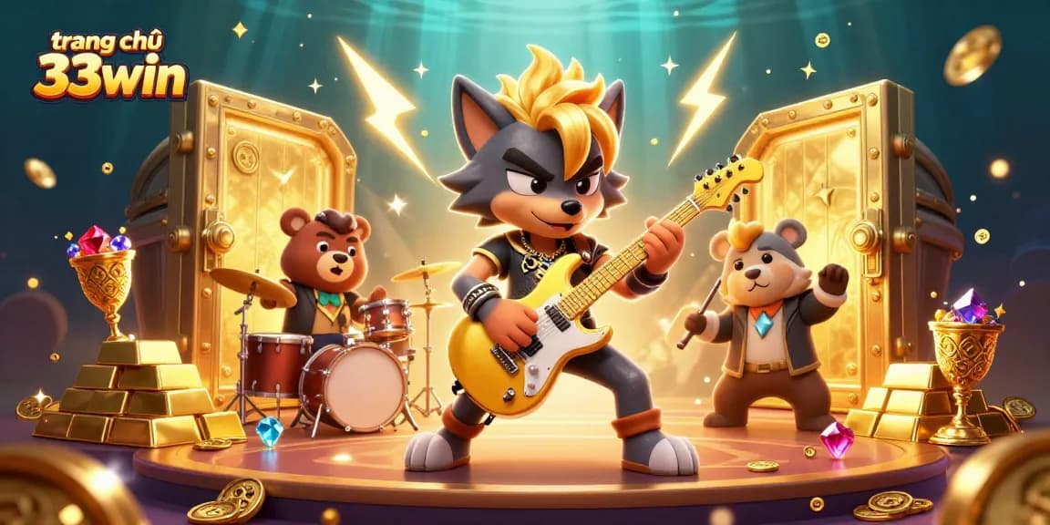 Engaging scene illustrating trang chủ 33win with rock star wolf and dramatic casino elements.