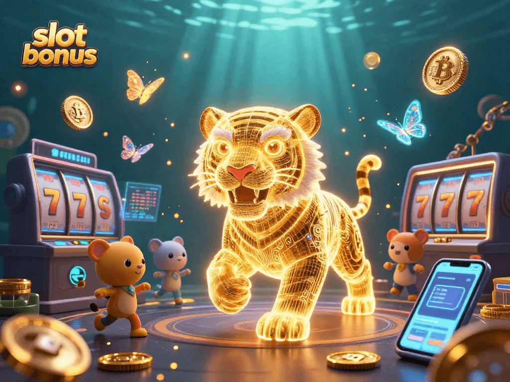 Experience slot bonus excitement with vibrant 3D illustration of neon-wireframe tiger and crypto coins in a dynamic casino.