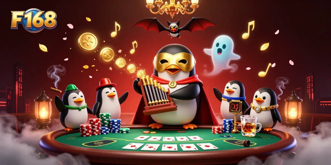 Experience thrilling moments at F 168 with the phantom opera penguin and vibrant casino elements.