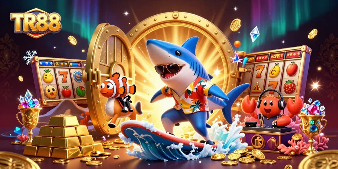 Experience TR88's vibrant casino adventure with a surfing shark, seahorse, and gold coins.