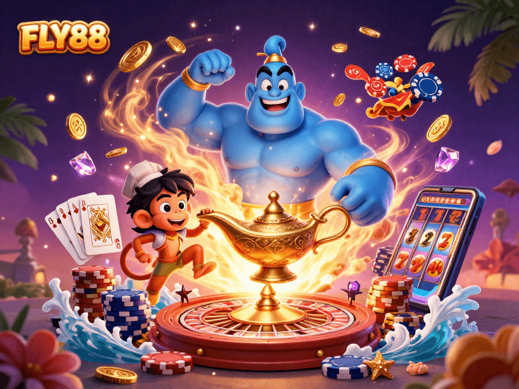FLY88 invites excitement with a blue genie and poker-themed magic in this vibrant casino scene.