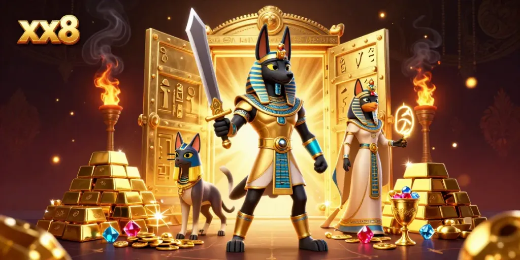 Experience the thrill of xx8 as Anubis and Bastet guard treasures in a stunning gaming environment.