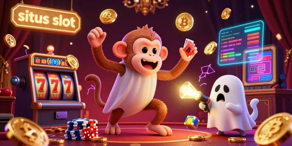 Experience the thrill of situs slot with a playful poltergeist monkey and a ghost-hunter puppy in a vibrant casino.