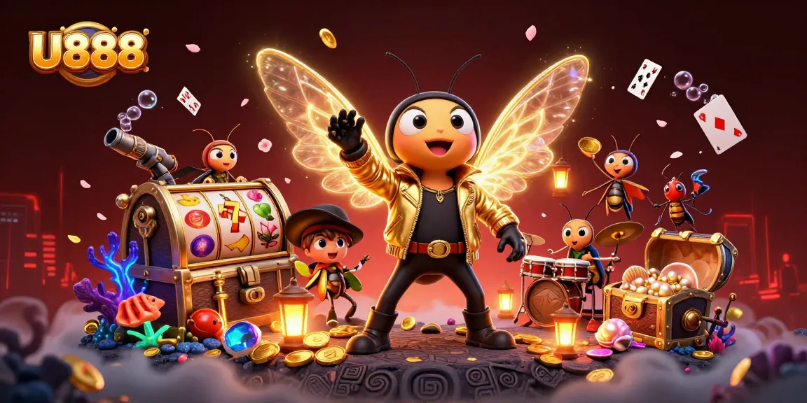 Experience excitement with U888's vibrant casino scene featuring a rock star cicada and rich treasures.