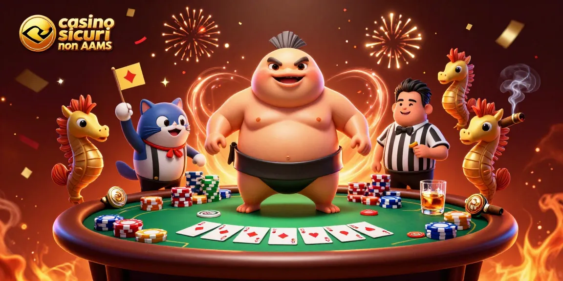 Gioca nei casino sicuri non AAMS con un'immagine vivace di un fugu e un tavolo da poker con fiches colorate.