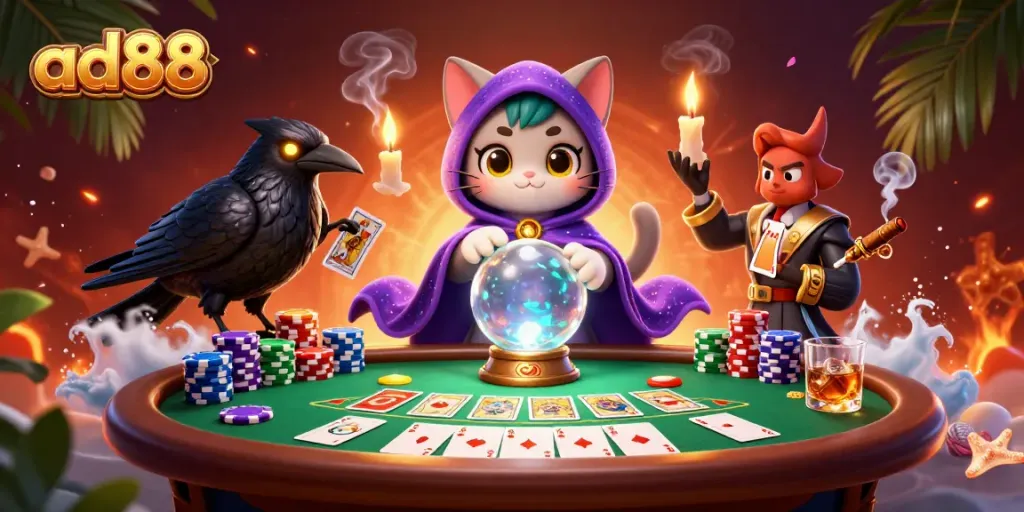 Experience vibrant gaming thrills with ad88's captivating casino elements in this 3D artwork.