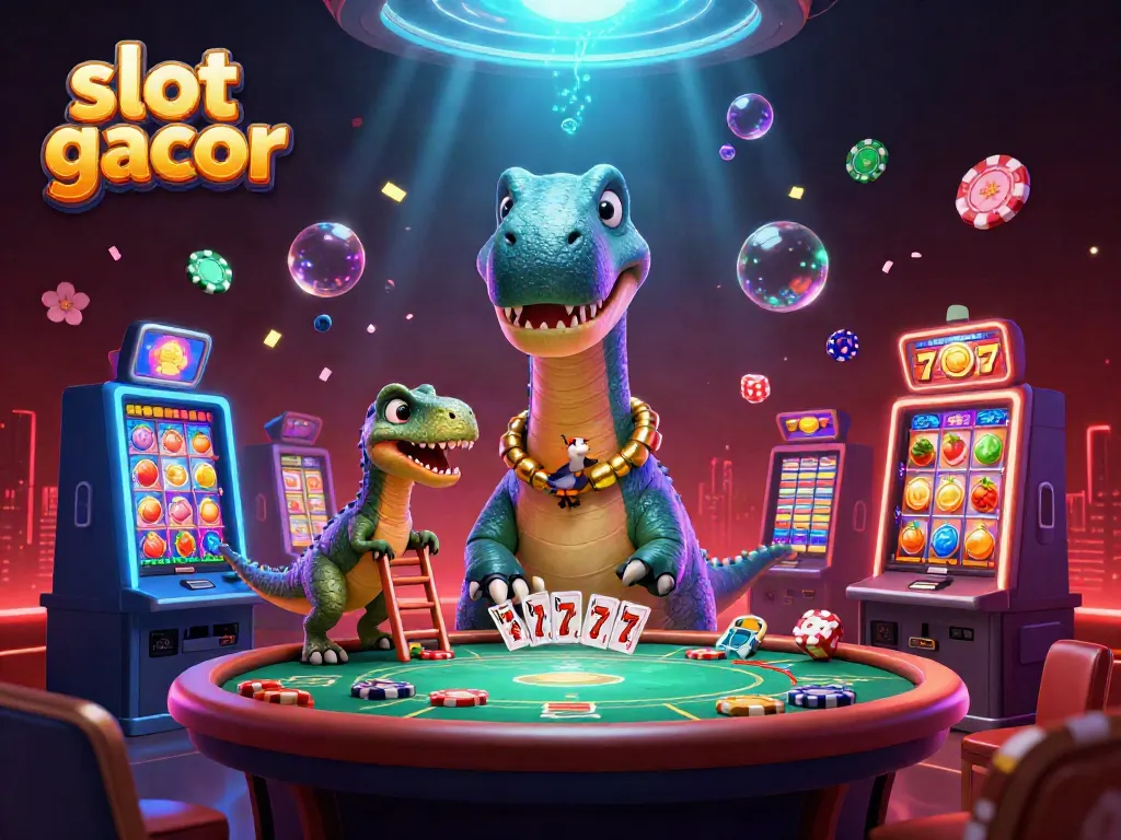 Slot gacor beraksi dengan karakter kartun dinosaurus yang menghibur dalam suasana kasino yang meriah.