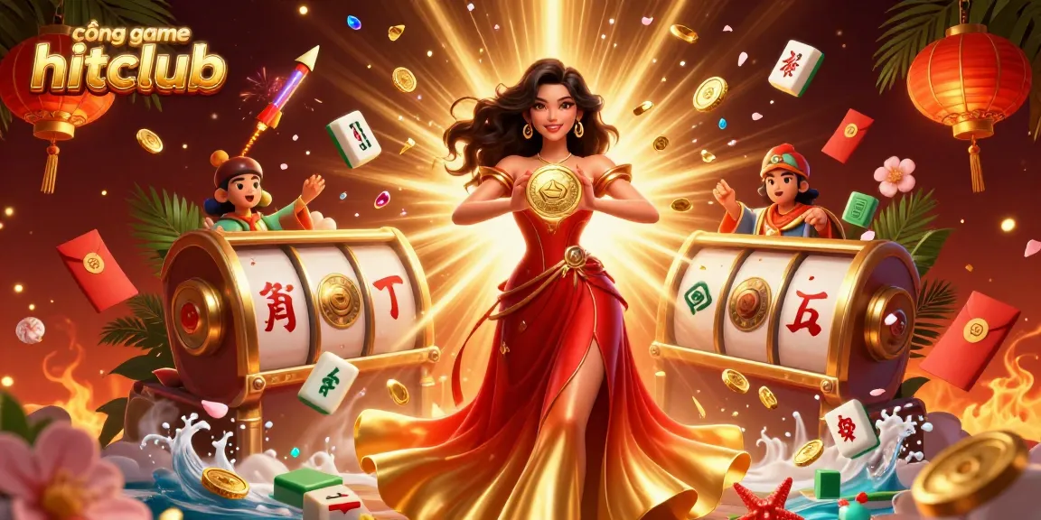 Engage with cổng game hitclub, featuring vibrant slot elements and a stunning illustration of a woman holding a golden coin.