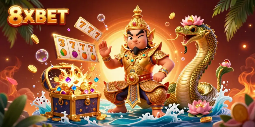 Engage with vibrant 8XBET illustrations showcasing dynamic slot game elements and casino themes.