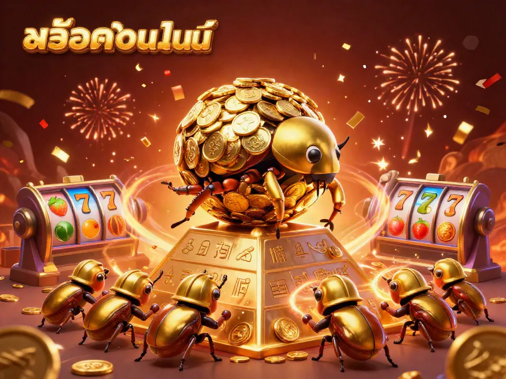 Experience the excitement of สล็อตออนไลน์ with a gold-themed 3D illustration featuring a golden dung beetle and spinning slot reels.