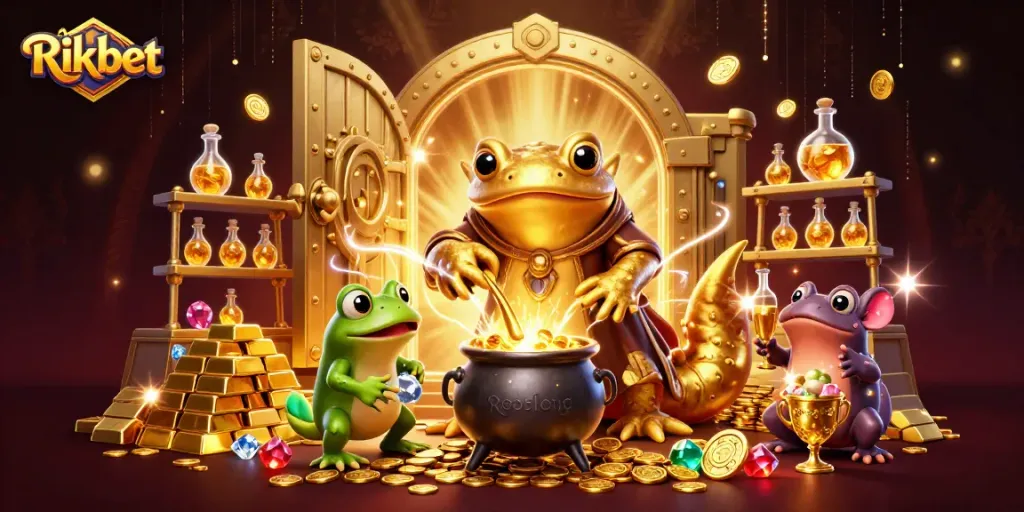 Rikbet showcases a magical 3D casino scene with enchanting characters and treasure elements.