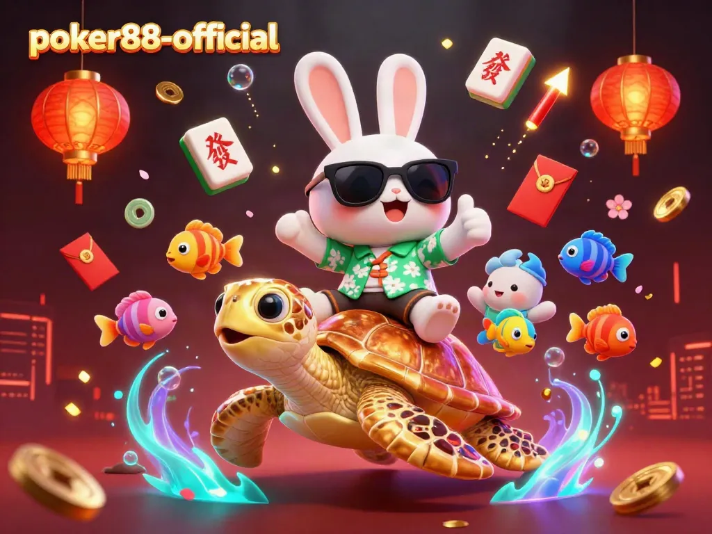Experience the excitement of poker88-official with a vibrant casino illustration featuring a lucky rabbit and a golden sea turtle.