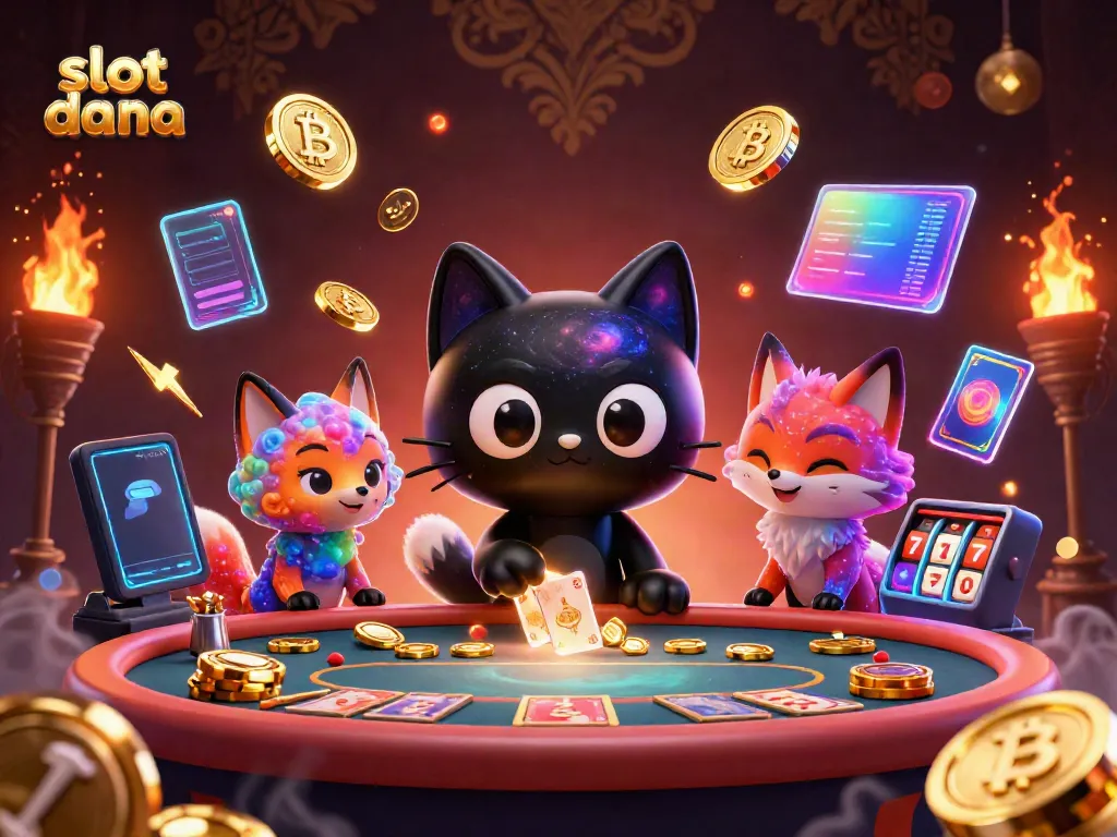 Ilustrasi kasino 3D menampilkan slot dana dan kucing lubang hitam, dengan elemen permainan yang menarik.