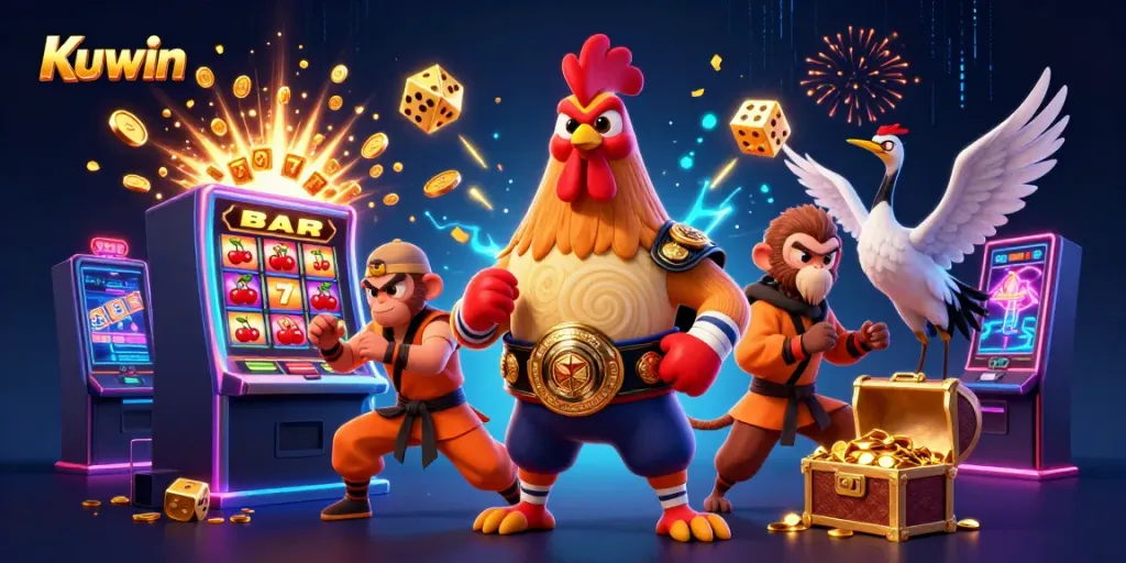 Kuwin's dynamic scene showcases a Muay Thai rooster, a Shaolin monkey, and a wise crane amidst a jackpot explosion and vibrant casino elements.