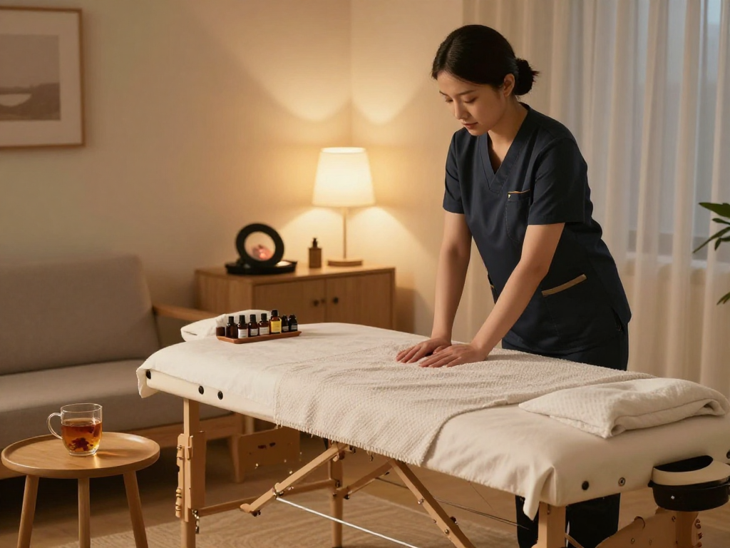 파주출장마사지 service in a tranquil home environment with a massage therapist preparing for a session.