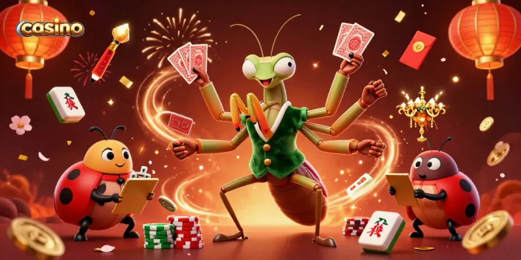 Experience a lively casino scene with a praying mantis dealer and ladybug pit boss in vibrant colors.