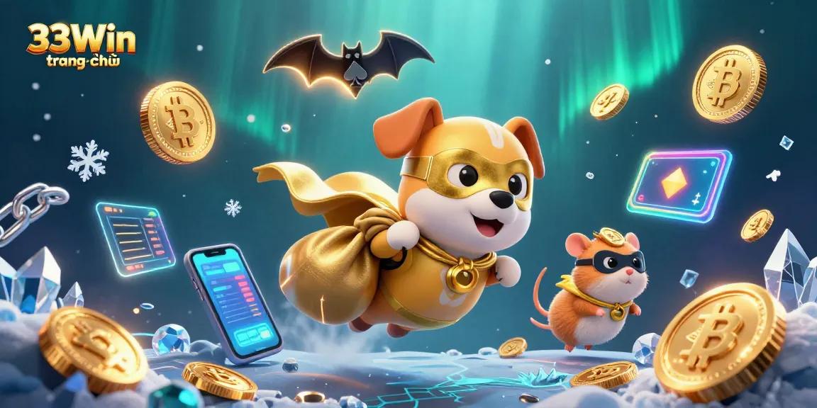Engage with the thrilling 33Win trang chủ experience featuring a superhero dog amidst vibrant casino symbols and crypto elements.