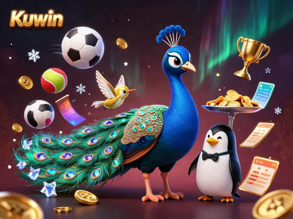 Kuwin showcases a vibrant casino scene with a peacock, a butler penguin, and a hummingbird amidst dynamic sports elements and glowing golden coins.