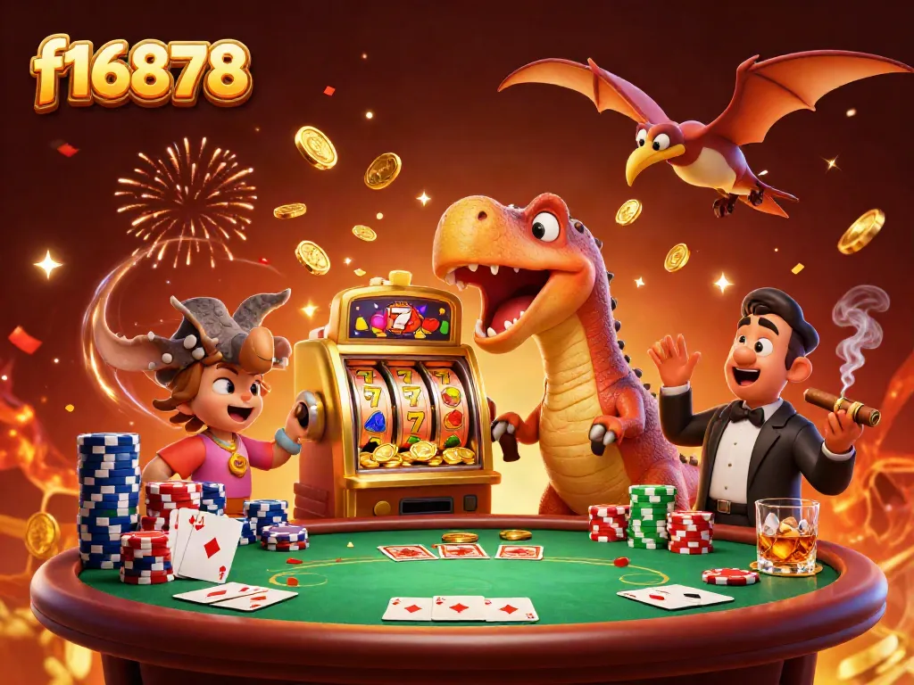Experience f16878 as a vibrant casino scene with a dinosaur-themed jackpot and colorful gaming elements.
