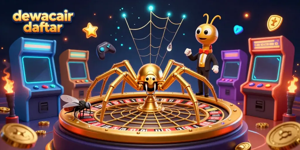 Place bets at dewacair daftar with a captivating 3D casino scene featuring a roulette wheel.