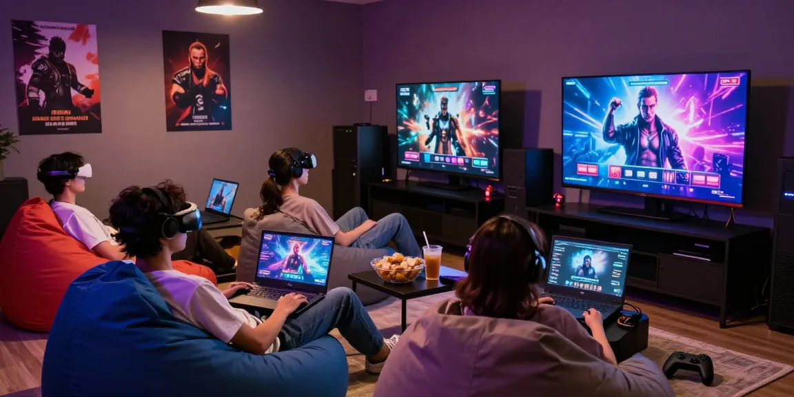 Enjoying immersive porn games in a cozy gaming lounge with vibrant graphics.