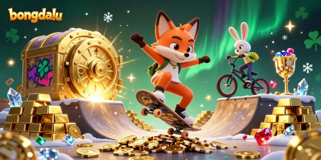 Bongdalu showcases a lively scene of a skateboarder fox and BMX rabbit amidst vibrant casino symbols and gold treasures.