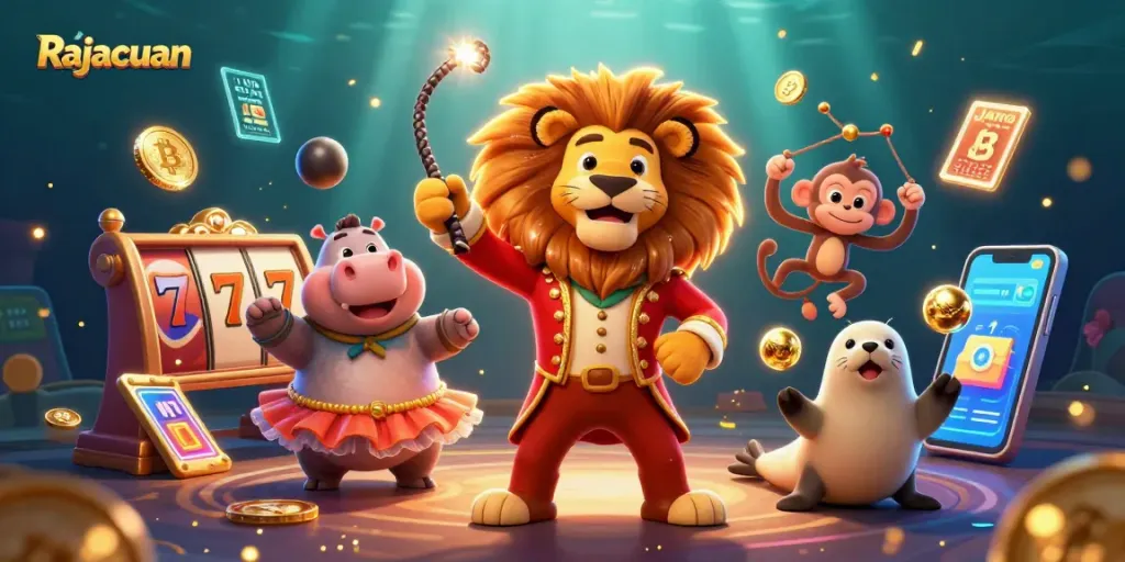 Spin and win big with Rajacuan as cartoon characters celebrate with vibrant slot elements.