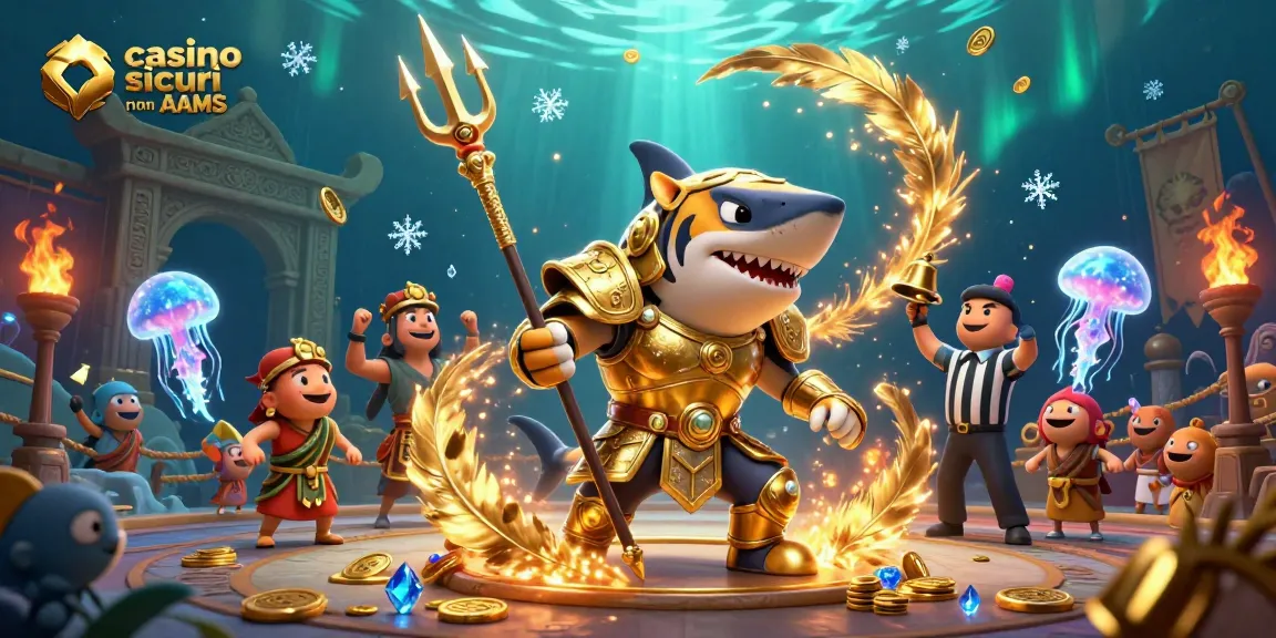 Gioco entusiasmante nei casino sicuri non AAMS con un potente squalo in armatura dorata e monete d'oro.