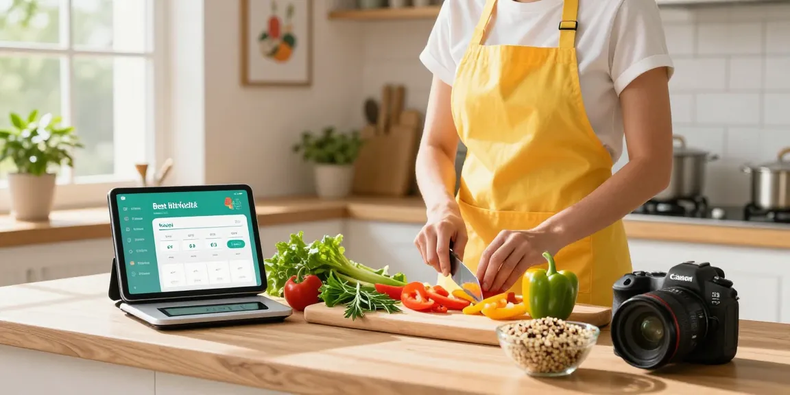 Preparing a colorful meal with the best food tracking app displayed on a tablet in a bright kitchen.