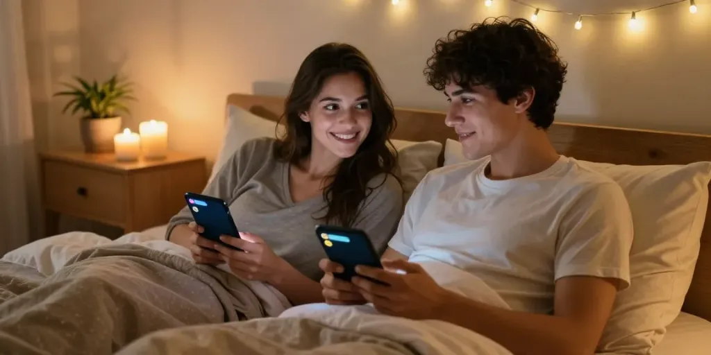 Engaging in an AI sex chat in a cozy bedroom atmosphere.