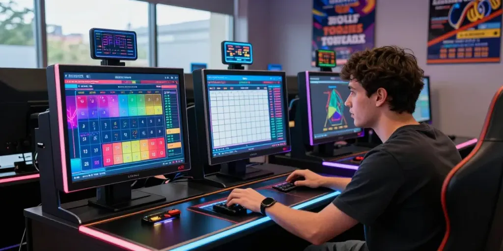 Engaged player exploring togel online options with digital analytics in a vibrant setting.